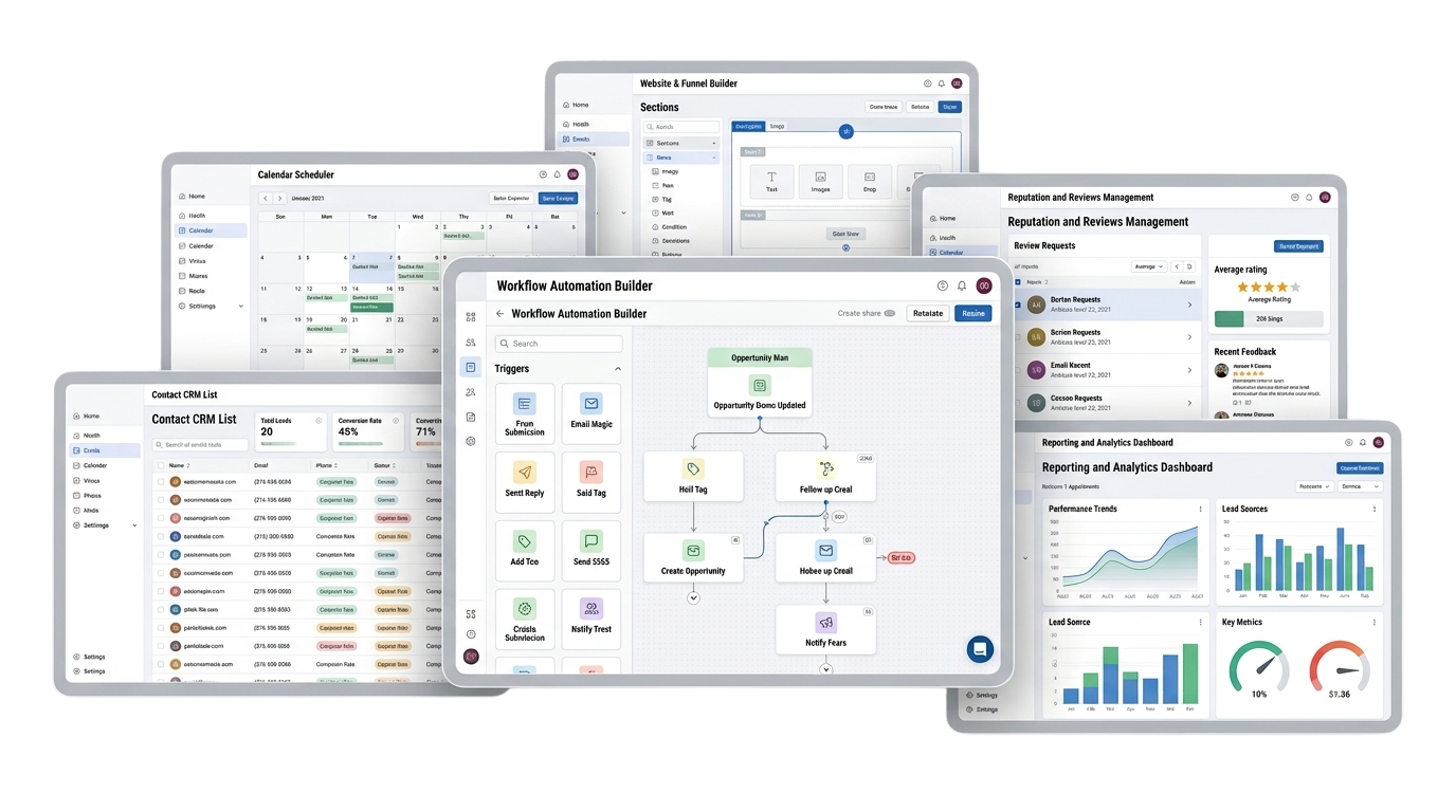 Overzicht van het dashboard: workflow-automatisering, CRM, kalender, website-builder, reviews en rapportages